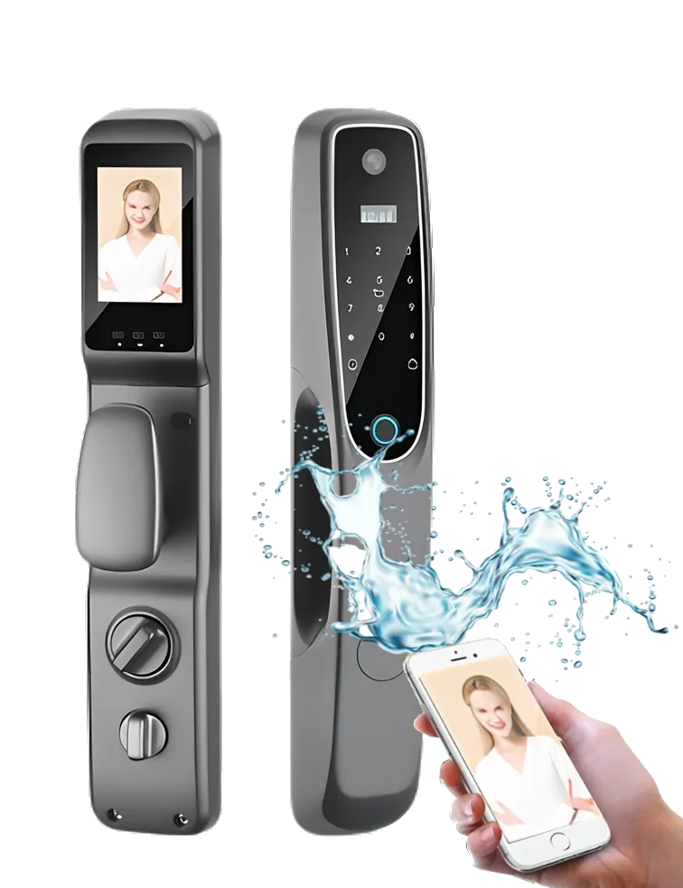 Fechadura digital elegante instalada numa porta de vidro